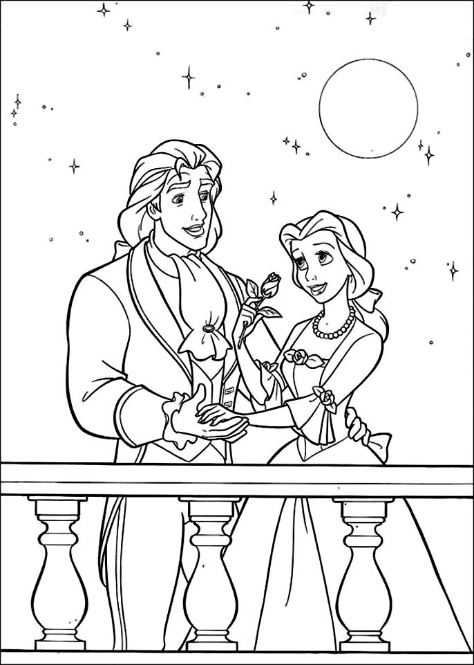 Coloriage de Belle et la Bête dans un décor enchanteur