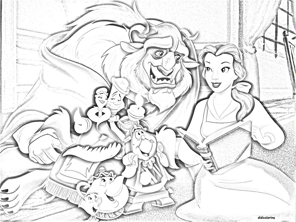 Coloriage de Belle et de la Bête dans le jardin du château