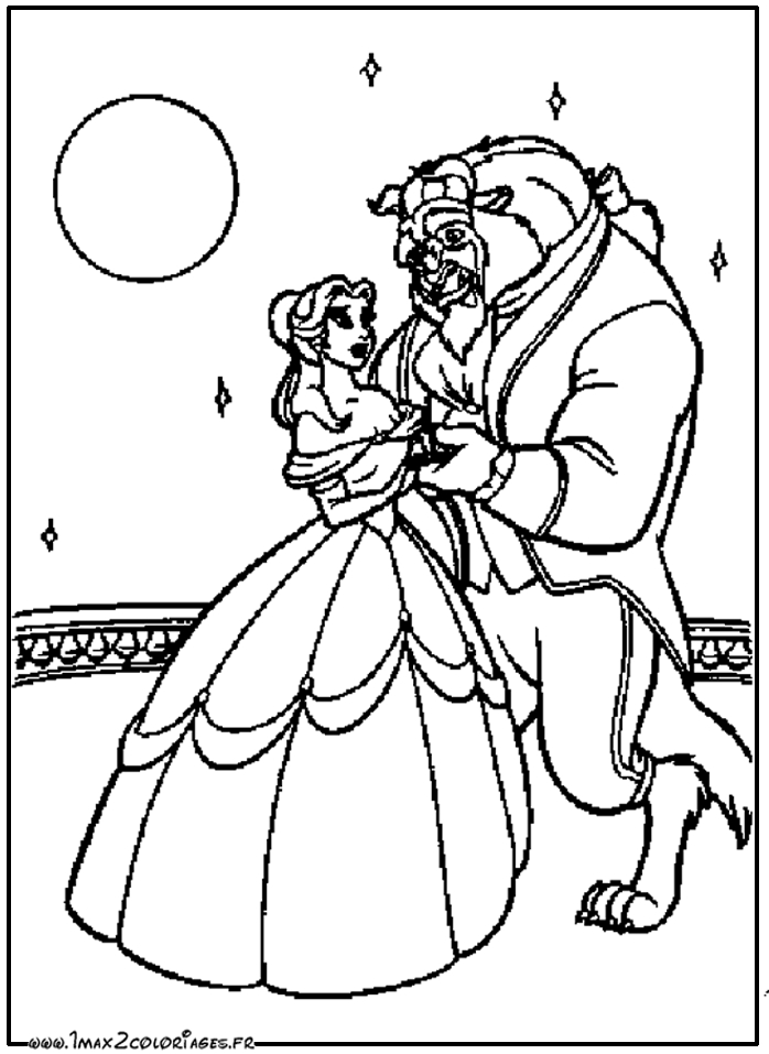 Coloriage de Belle et la Bête dans le jardin enchanté