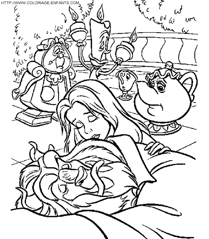 Coloriage de Belle et la Bête dans un décor romantique
