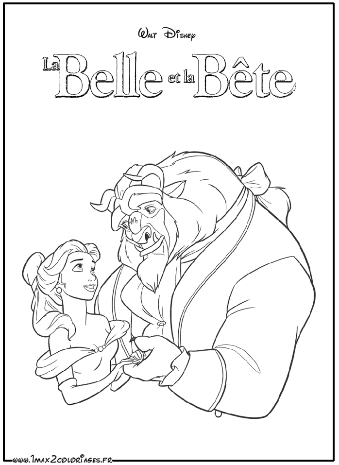 Coloriage de Belle et la Bête dans un jardin enchanté