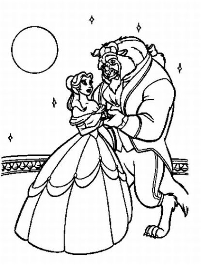 Coloriage de Belle et la Bête dans le jardin enchanté