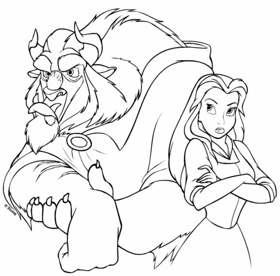 Coloriage de Belle et de la Bête dans un décor romantique