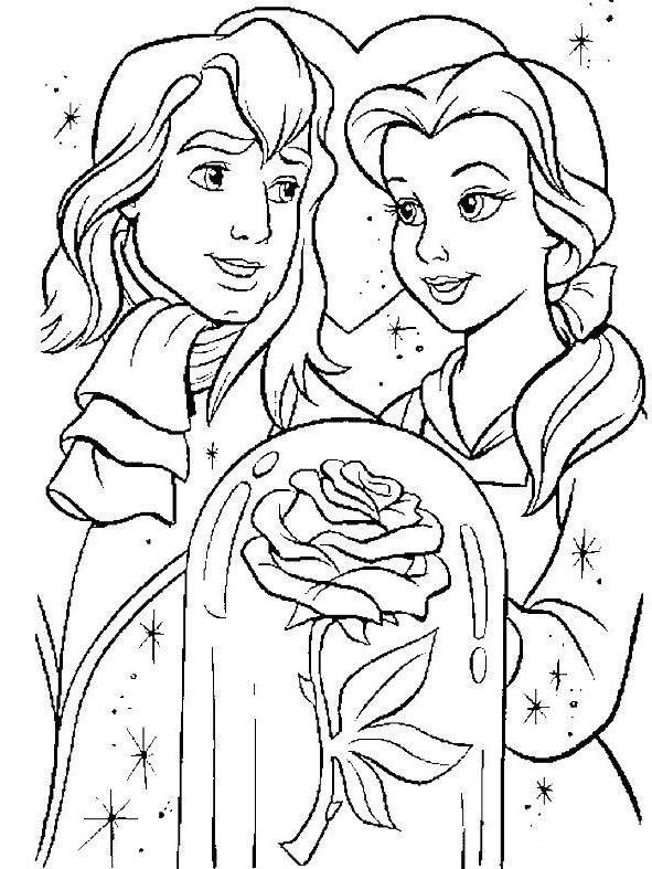 Coloriage de Belle et la Bête dans le jardin du château