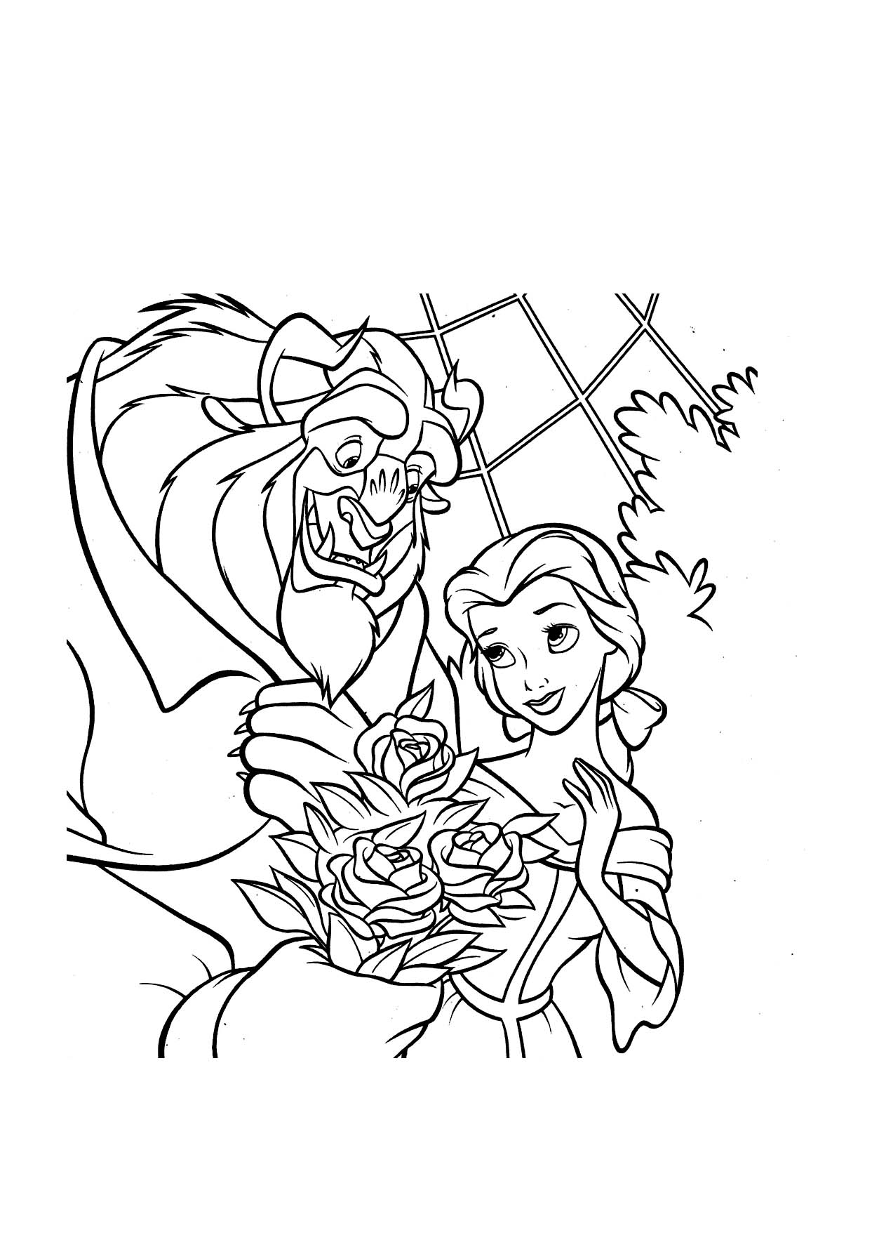 Coloriage de Belle et la Bête dans un décor romantique
