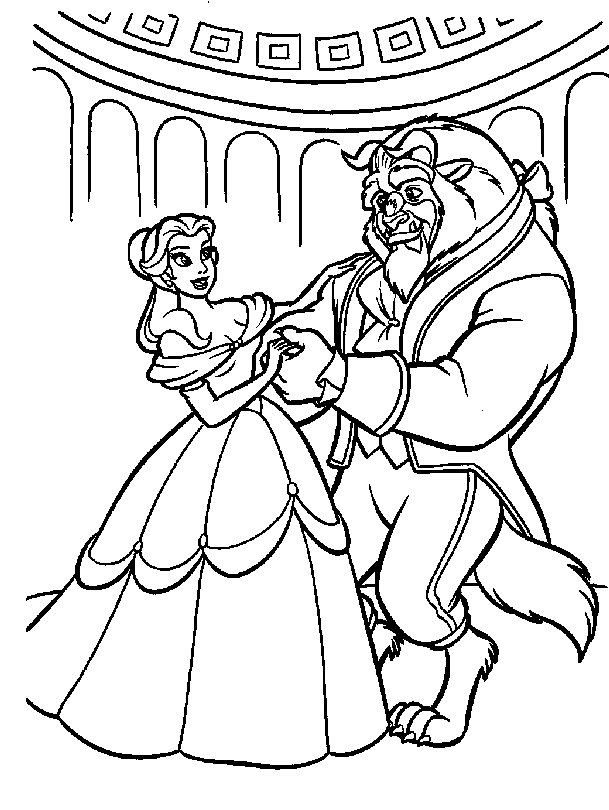 Coloriage de Belle et la Bête dans un décor romantique