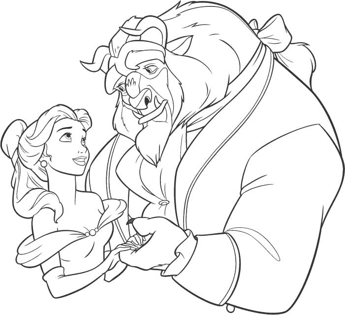 Coloriage de Belle et la Bête dans le jardin du château