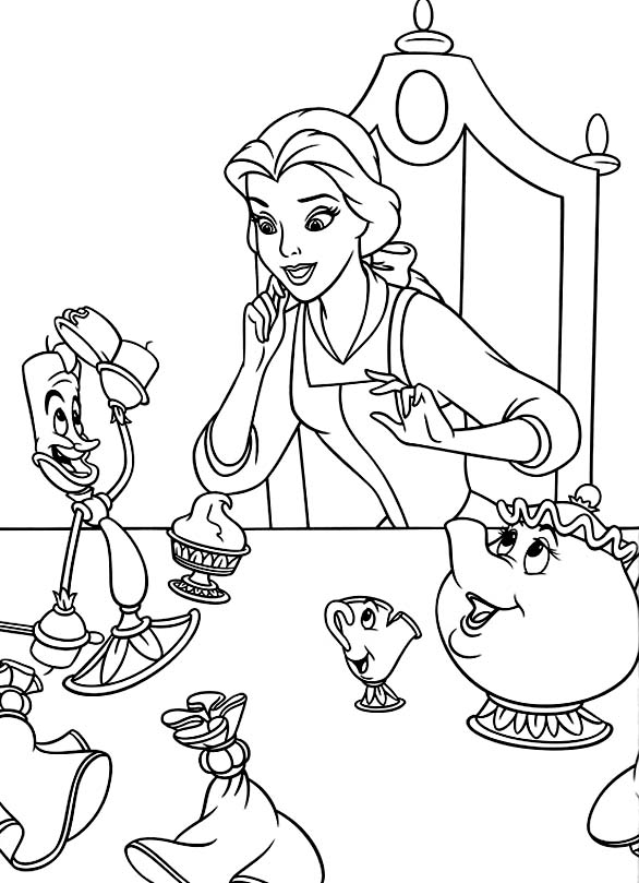 Coloriage de Belle et la Bête dans le jardin enchanté