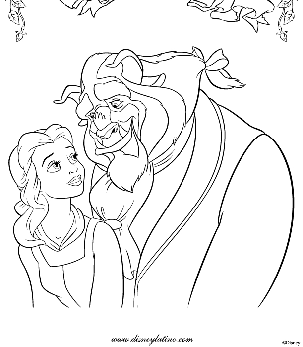 Coloriage de Belle et la Bête dans le jardin du château