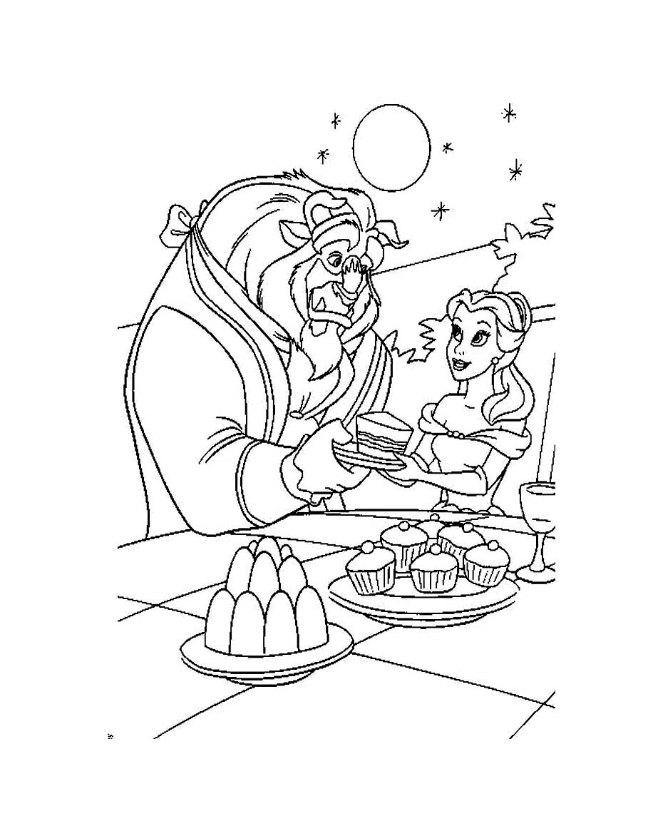 Coloriage de Belle et la Bête dans le jardin du château