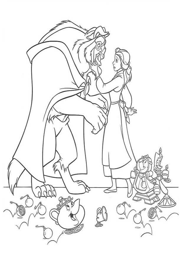 Coloriage de Belle et de la Bête dans un décor de château