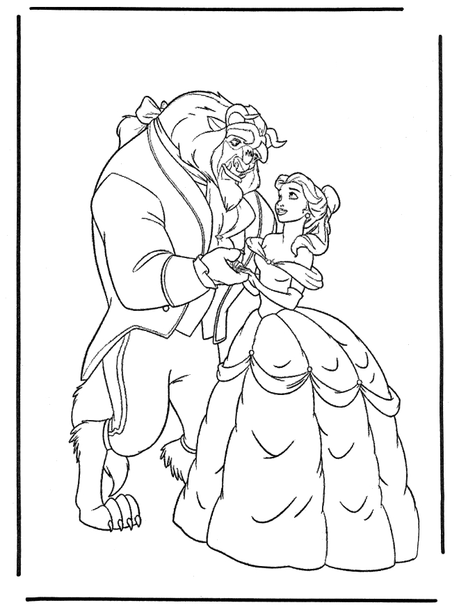 Coloriage de Belle et la Bête dans un décor de château