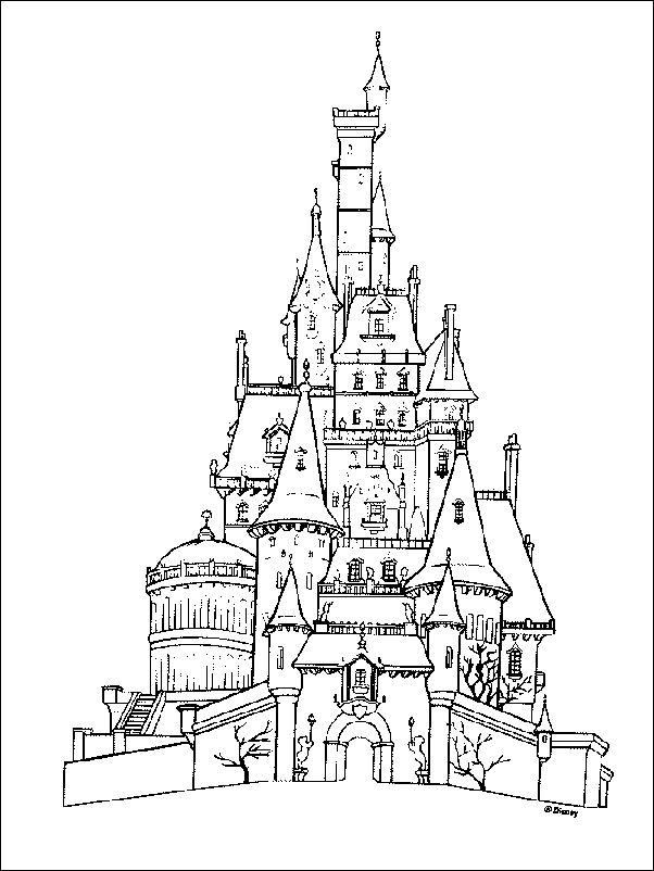 Coloriage de Belle et la Bête dans un décor romantique