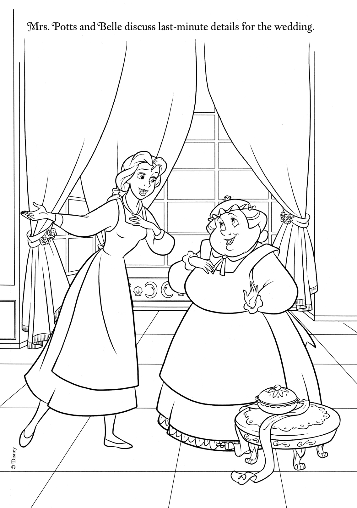 Coloriage de Belle et la Bête dans un décor romantique