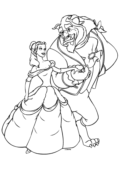 Coloriage de Belle et de la Bête dans un jardin enchanteur