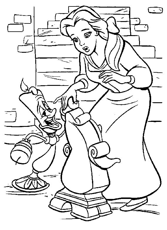 Coloriage de Belle et de la Bête dans un décor romantique