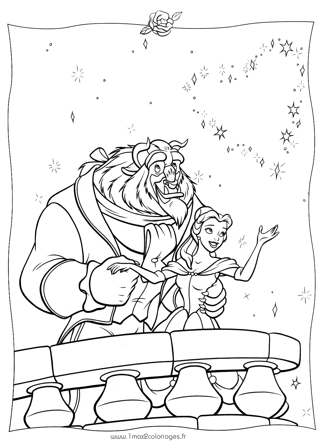 Coloriage de Belle et la Bête dans le jardin du château