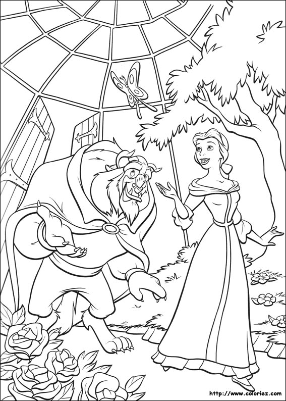 Coloriage de Belle et la Bête dans un décor de la forêt enchantée