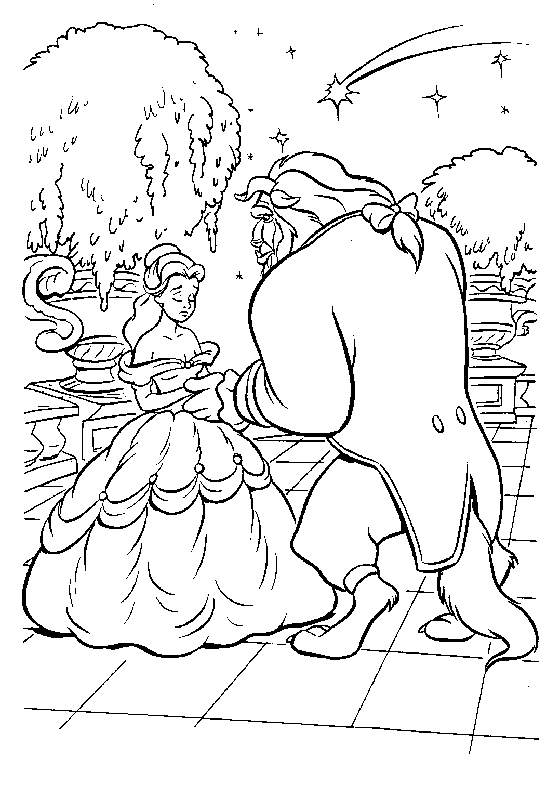 Coloriage de Belle et la Bête dans le jardin enchanté