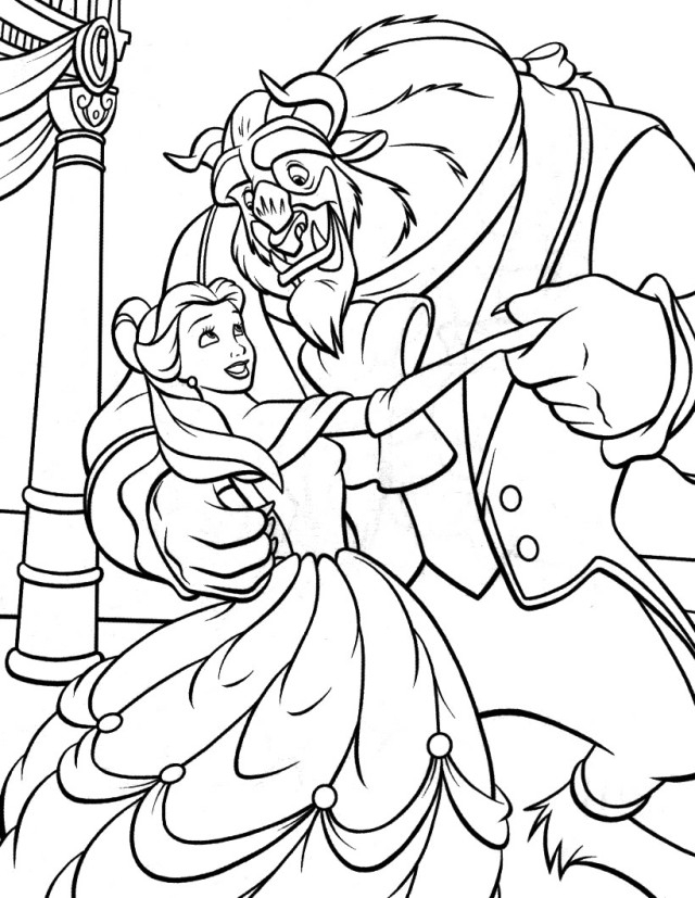 Coloriage de Belle et de la Bête dans un décor de château