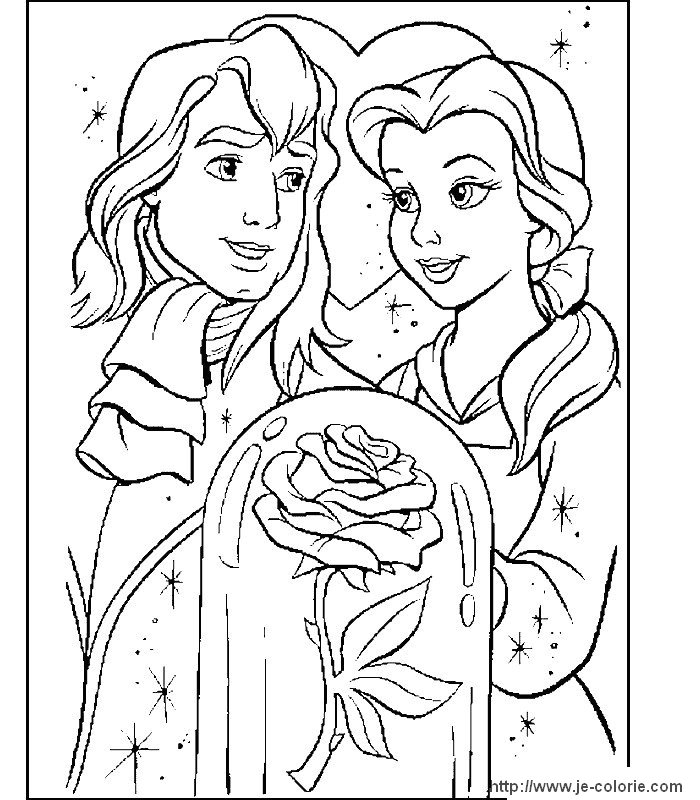 Coloriage de Belle et la Bête dans le jardin enchanté