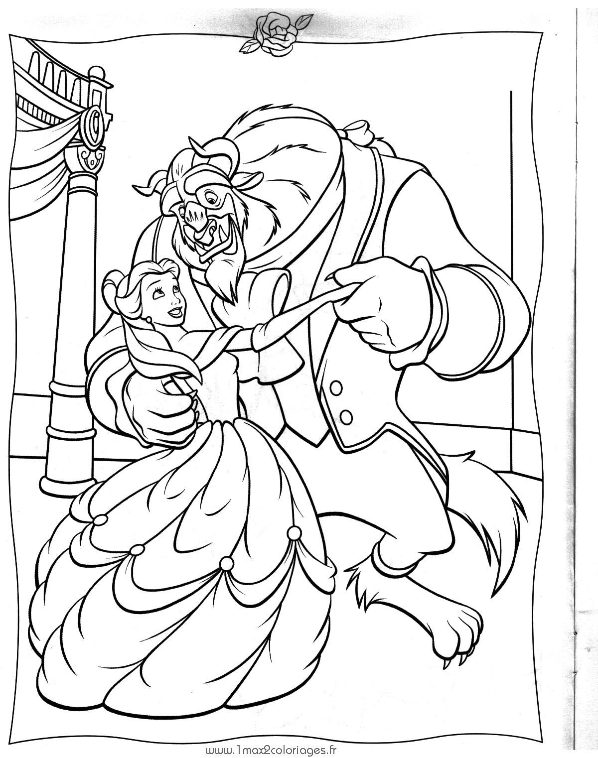 Coloriage de Belle et la Bête dans le jardin enchanté