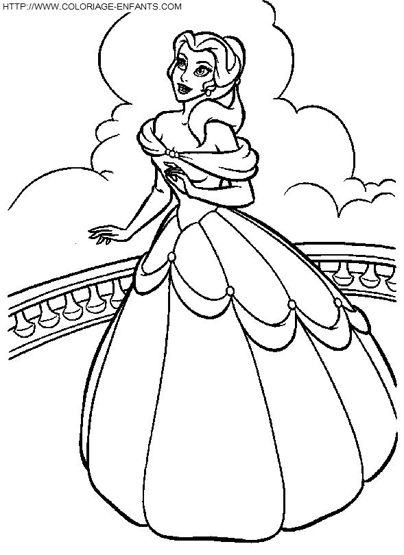 Coloriage de Belle et la Bête dans la bibliothèque enchantée