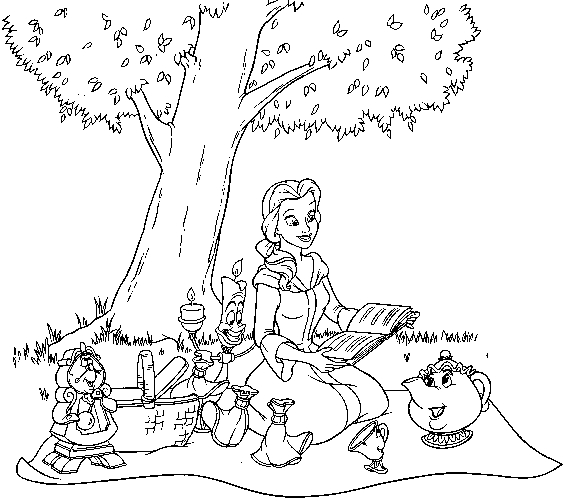 Coloriage représentant Belle et la Bête dans un décor romantique
