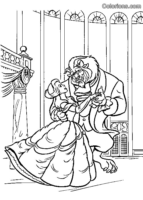 Coloriage de Belle et la Bête dans le jardin du château