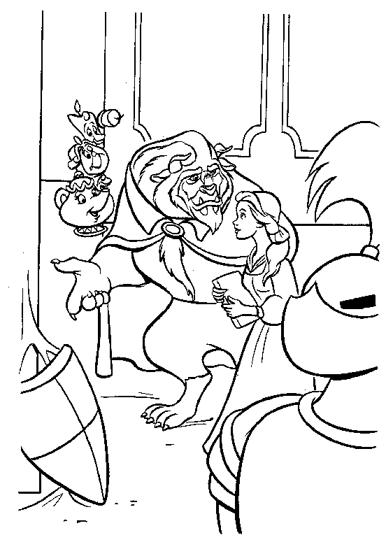Coloriage de Belle et de la Bête dans le jardin du château