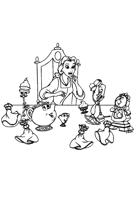 Coloriage de Belle et de la Bête dans un jardin féerique