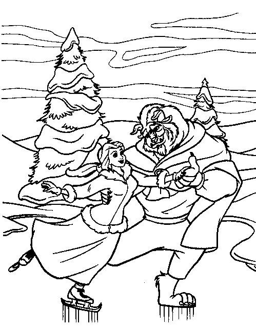 Coloriage de Belle et de la Bête dans un décor de château