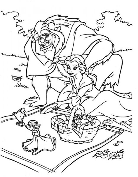 Coloriage de Belle et la Bête dans un jardin enchanteur