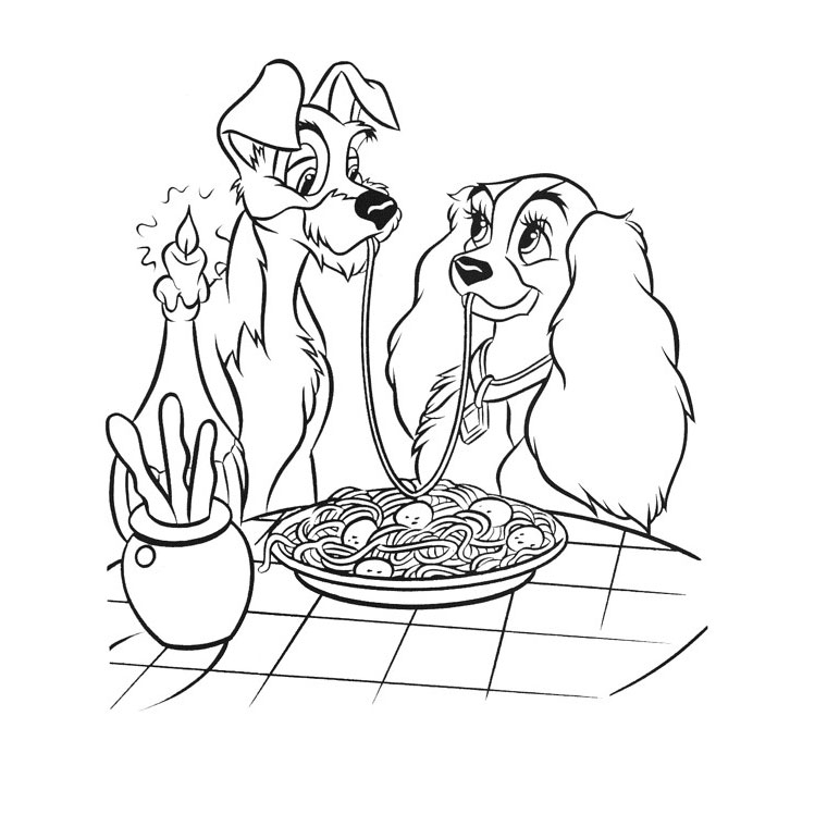 Coloriage de La Belle et le Clochard partageant un repas romantique