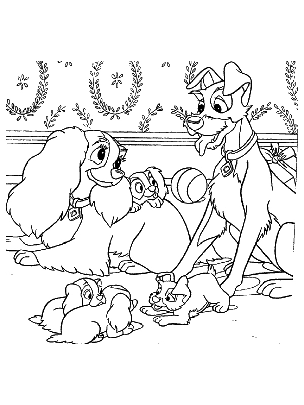 Coloriage de La Belle et le Clochard partageant un repas sous les étoiles