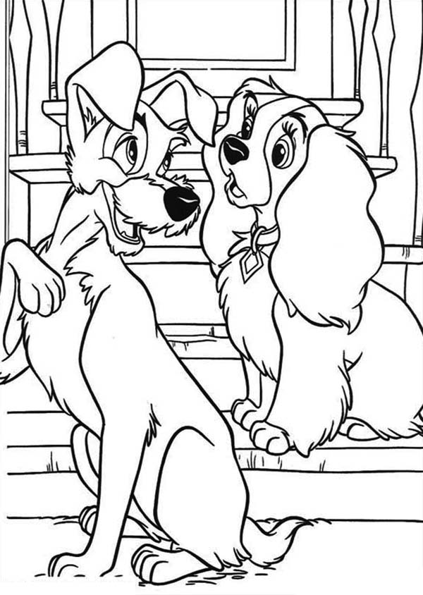 Coloriage de La Belle et le Clochard partageant un repas romantique