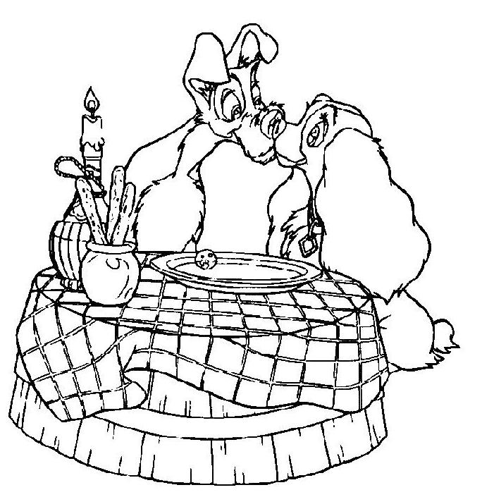 Coloriage de La Belle et le Clochard partageant un repas romantique