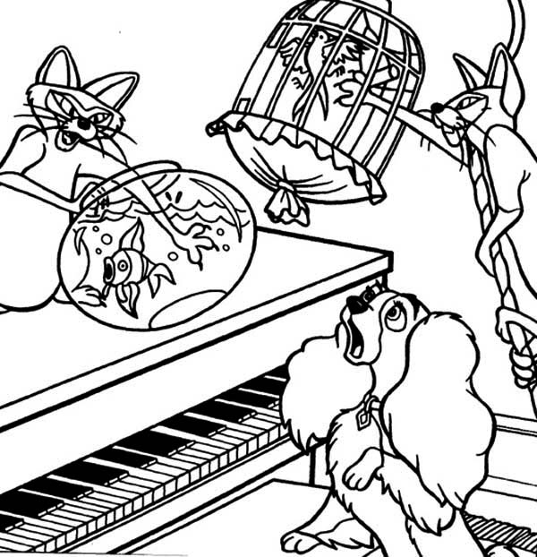 Coloriage de la Belle et le Clochard partageant un repas romantique