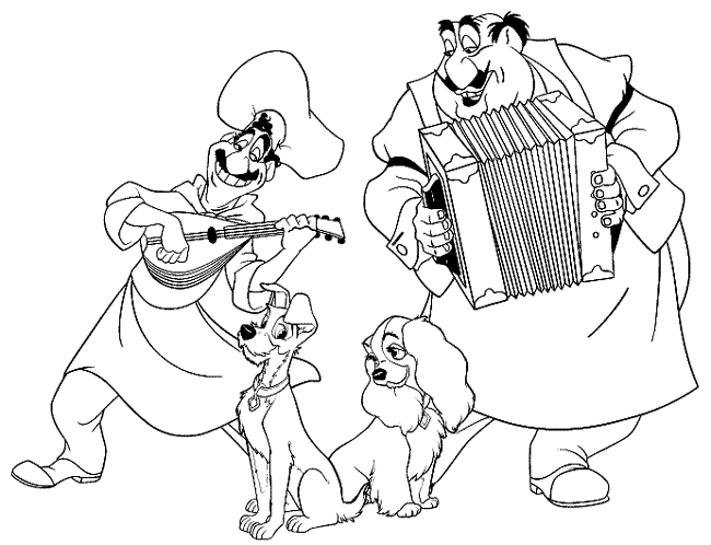 Coloriage de Lady et le Clochard partageant un repas romantique dans une ruelle