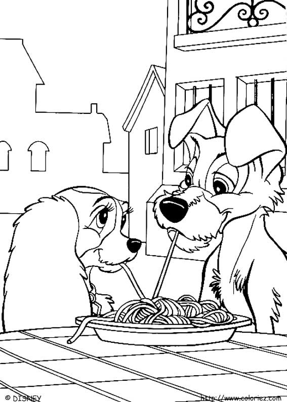 Coloriage de La Belle et le Clochard partageant un repas romantique sous un lampadaire