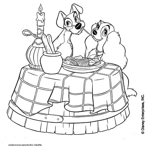 Coloriage de Lady et le Clochard partageant un moment en plein air