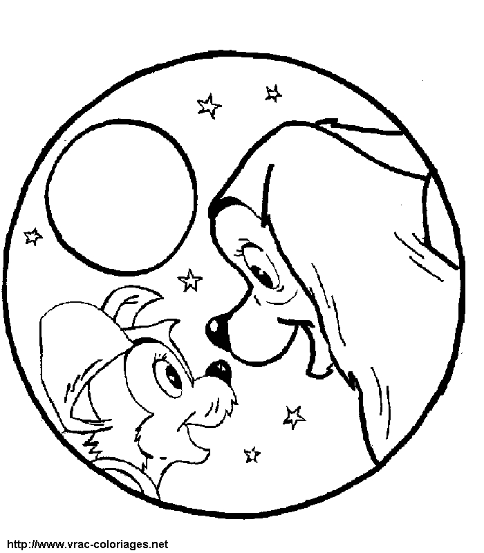 Coloriage de la Belle et le Clochard partageant un repas romantique