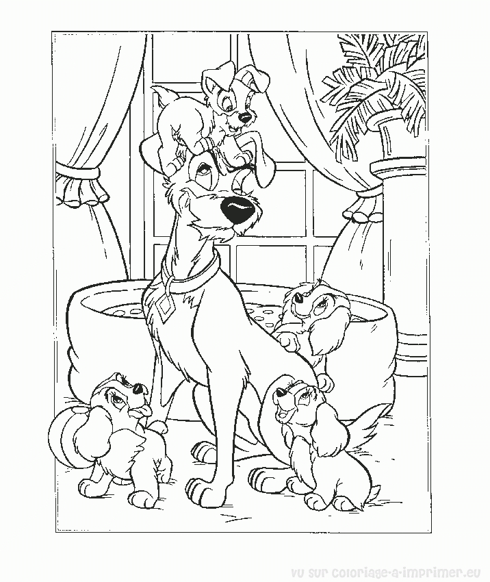 Coloriage représentant la Belle et le Clochard partageant un plat de spaghettis sous les étoiles