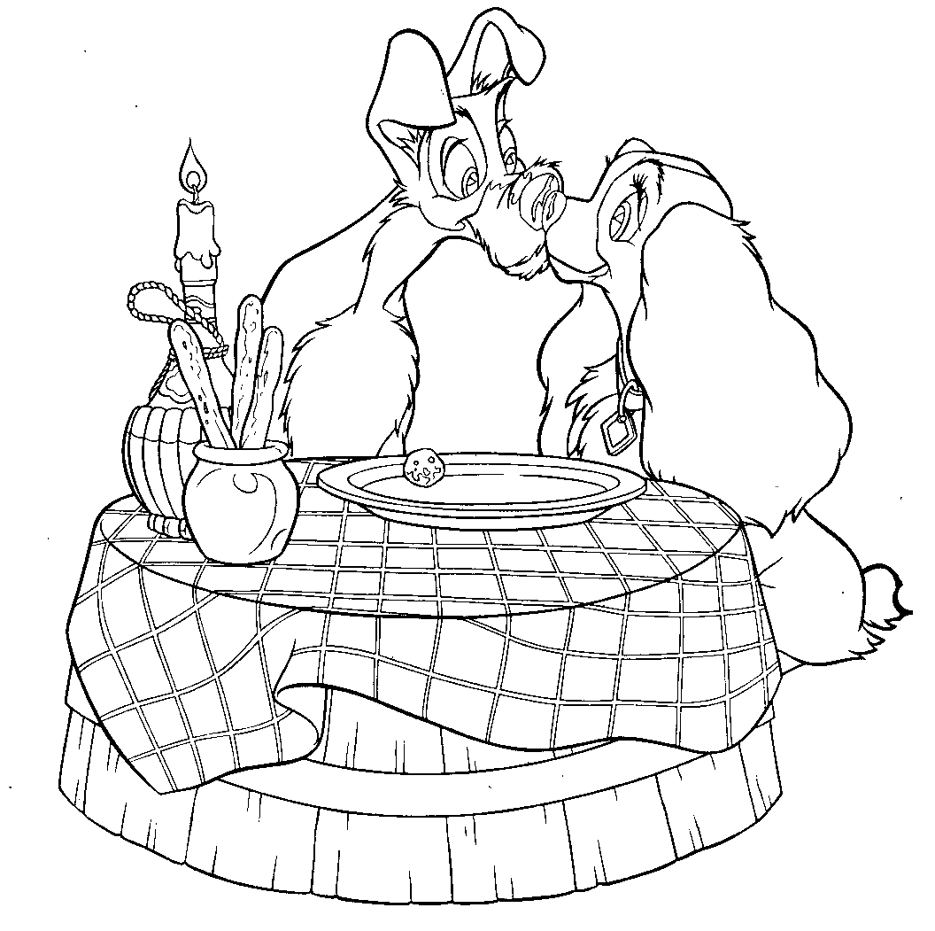 Coloriage de la Belle et le Clochard partageant un repas sous la lune