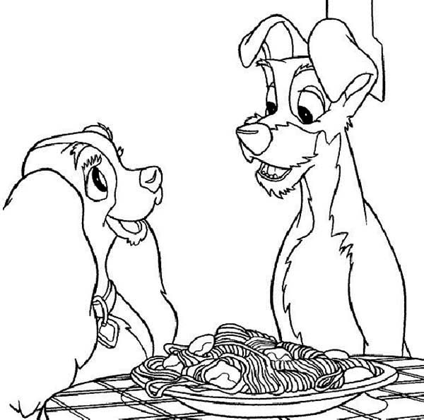 Coloriage de Lady et le Clochard partageant un repas dans une ruelle