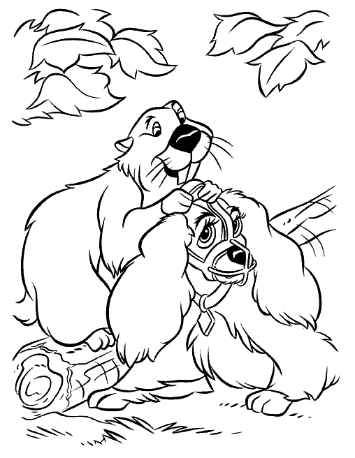 Coloriage de la scène emblématique de La Belle et le Clochard avec des chiens dans un décor urbain