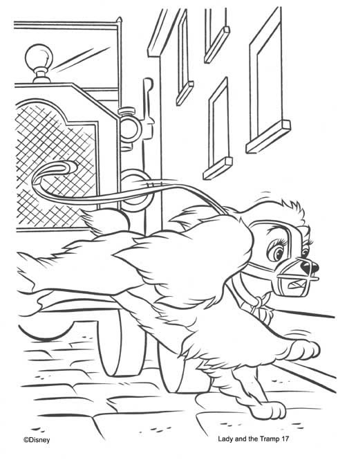 Coloriage de Lady et le Clochard partageant un repas romantique dans une ruelle