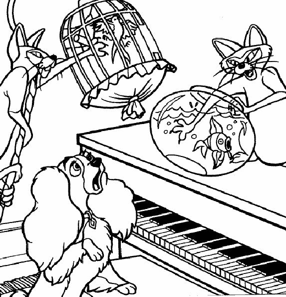 Coloriage de la scène emblématique de La Belle et le Clochard avec des chiens dans un décor romantique