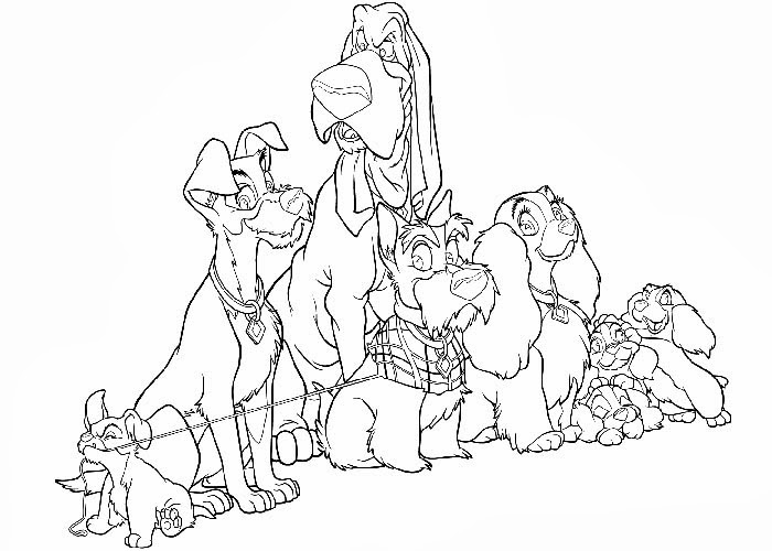 Coloriage de La Belle et le Clochard partageant un plat de spaghetti sous les étoiles