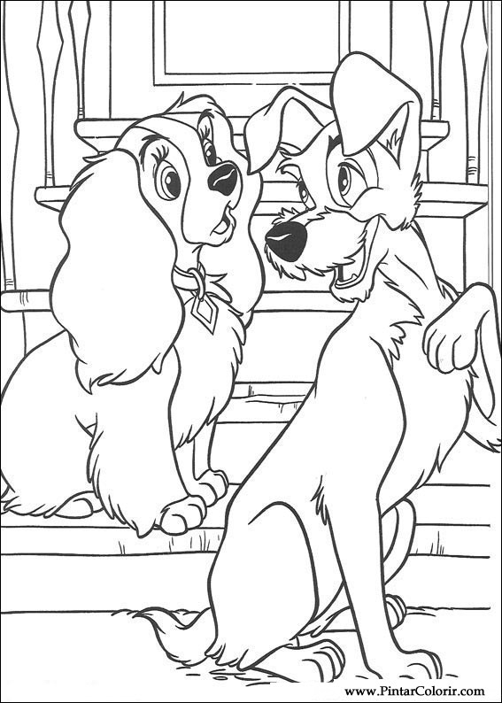Coloriage de La Belle et le Clochard partageant un repas romantique dans une ruelle